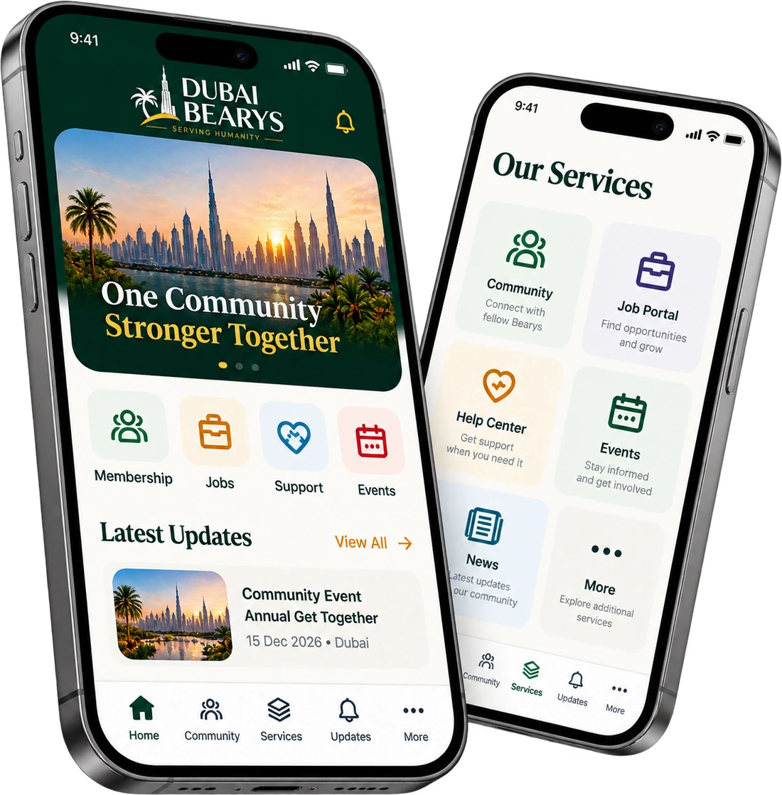 Preview of the Dubai Bearys app: the home screen and the services screen